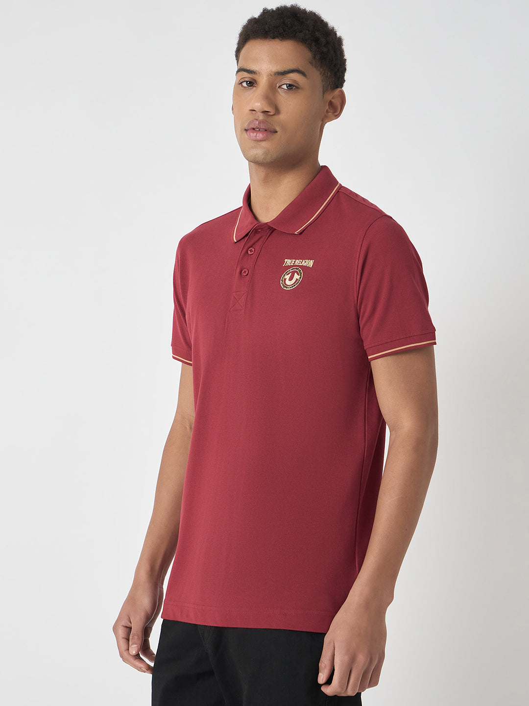 True Religion Men Red Solid Polo Collar Short Sleeves Polo T-Shirt