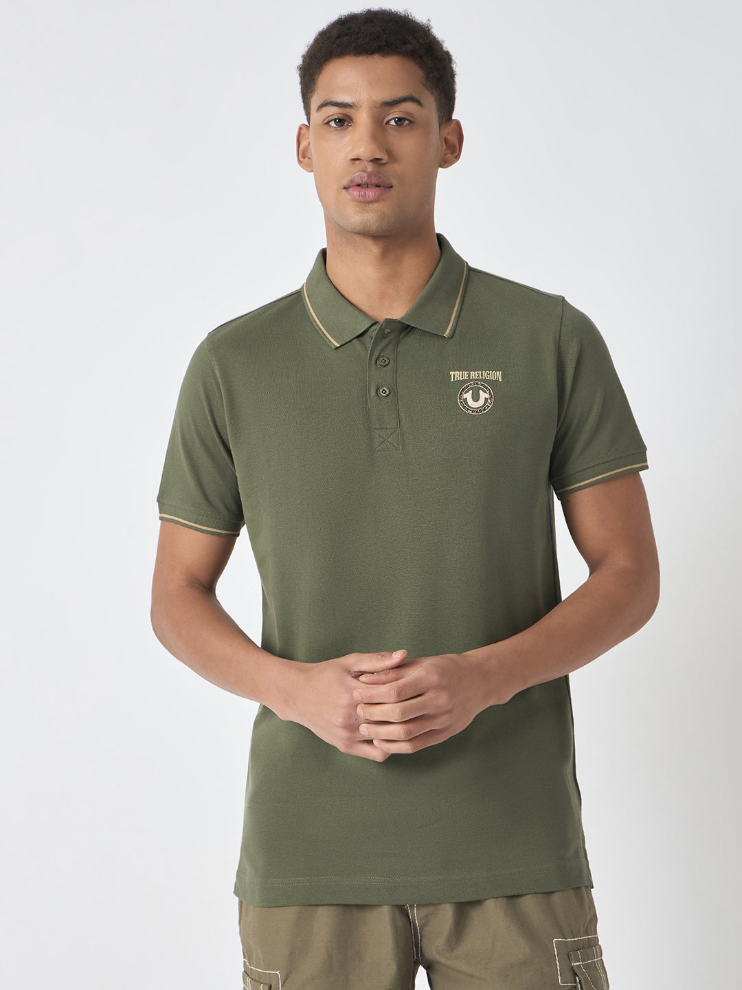 True Religion Men Green Solid Polo Collar Short Sleeves Polo T-Shirt