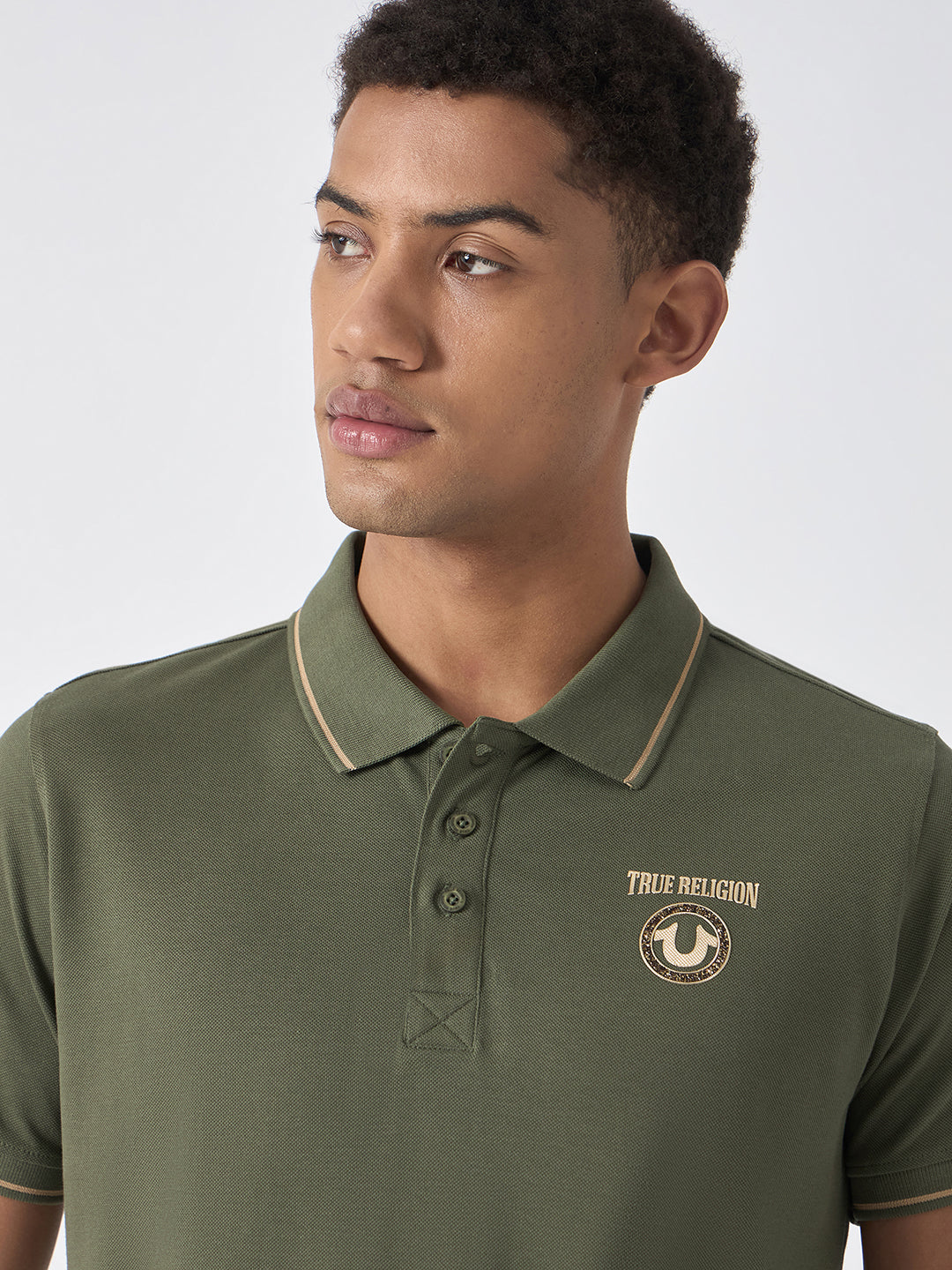 True Religion Men Green Solid Polo Collar Short Sleeves Polo T-Shirt