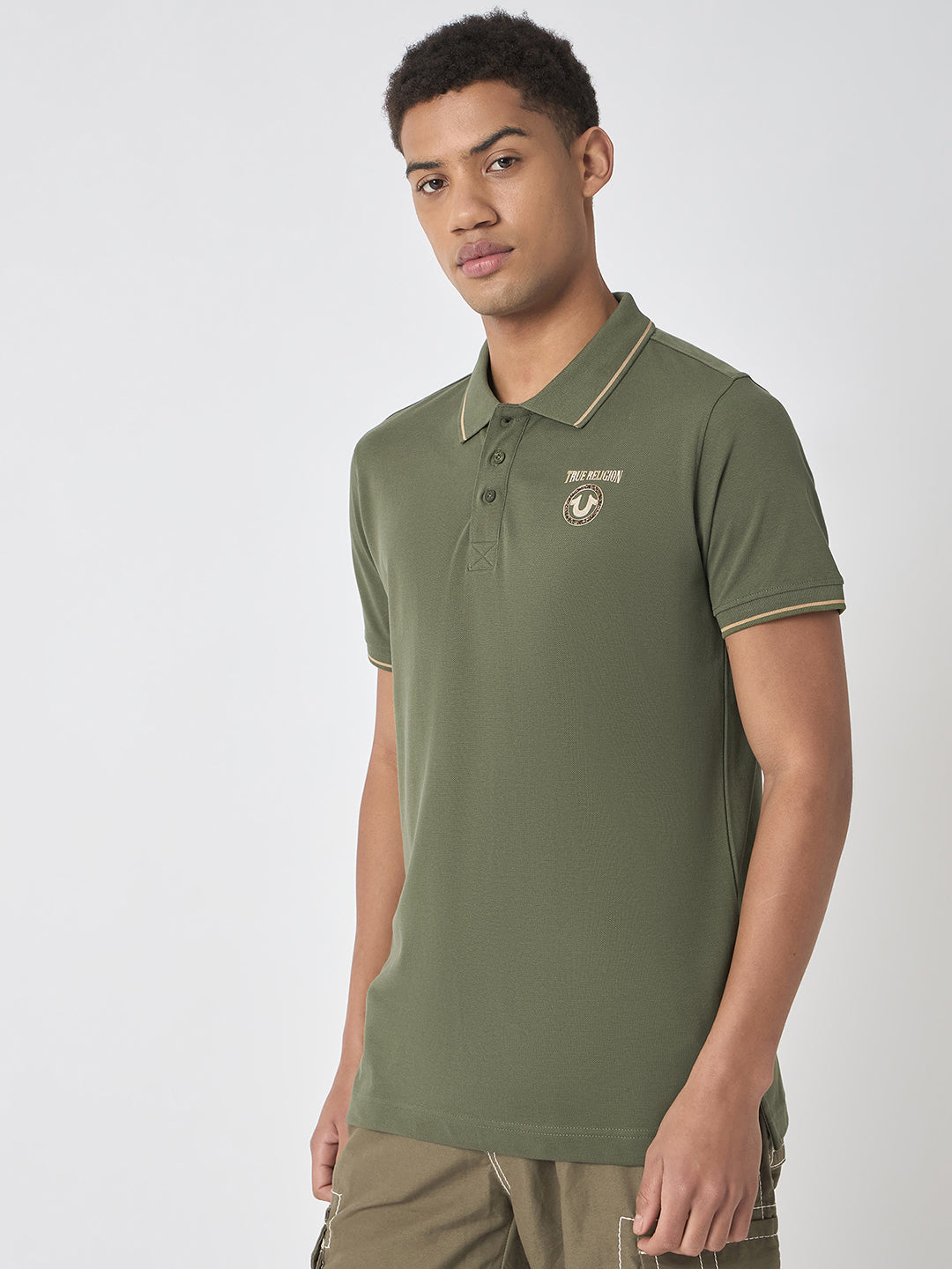 True Religion Men Green Solid Polo Collar Short Sleeves Polo T-Shirt