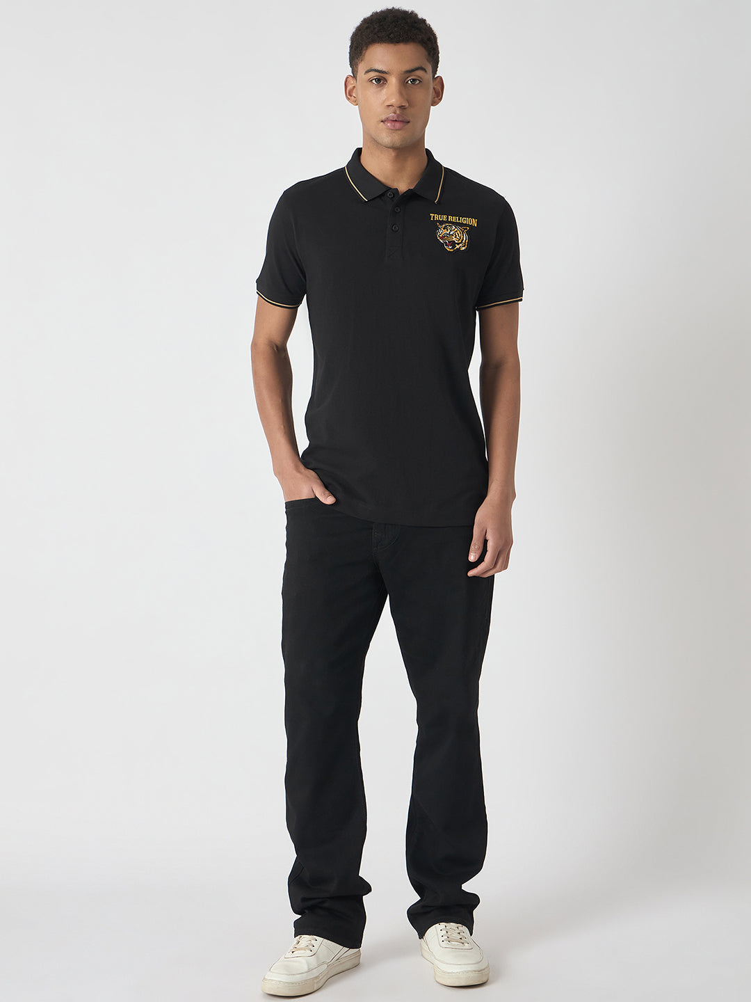 True Religion Men Black Solid Polo Collar Short Sleeves Polo T-Shirt