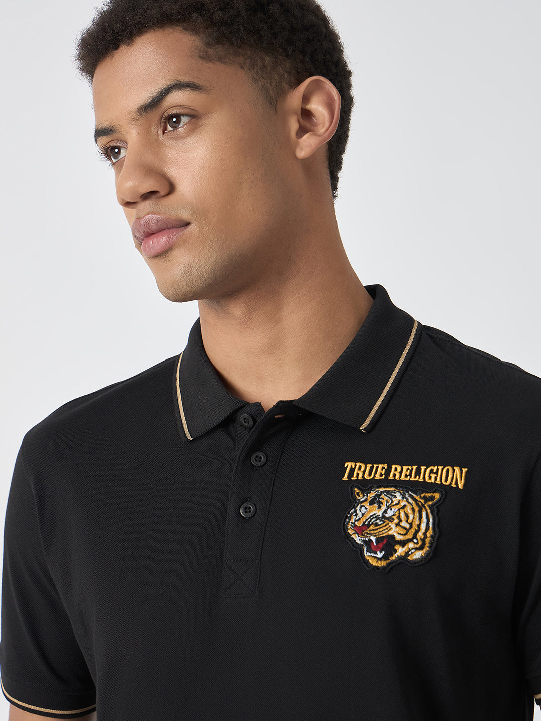True Religion Men Black Solid Polo Collar Short Sleeves Polo T-Shirt