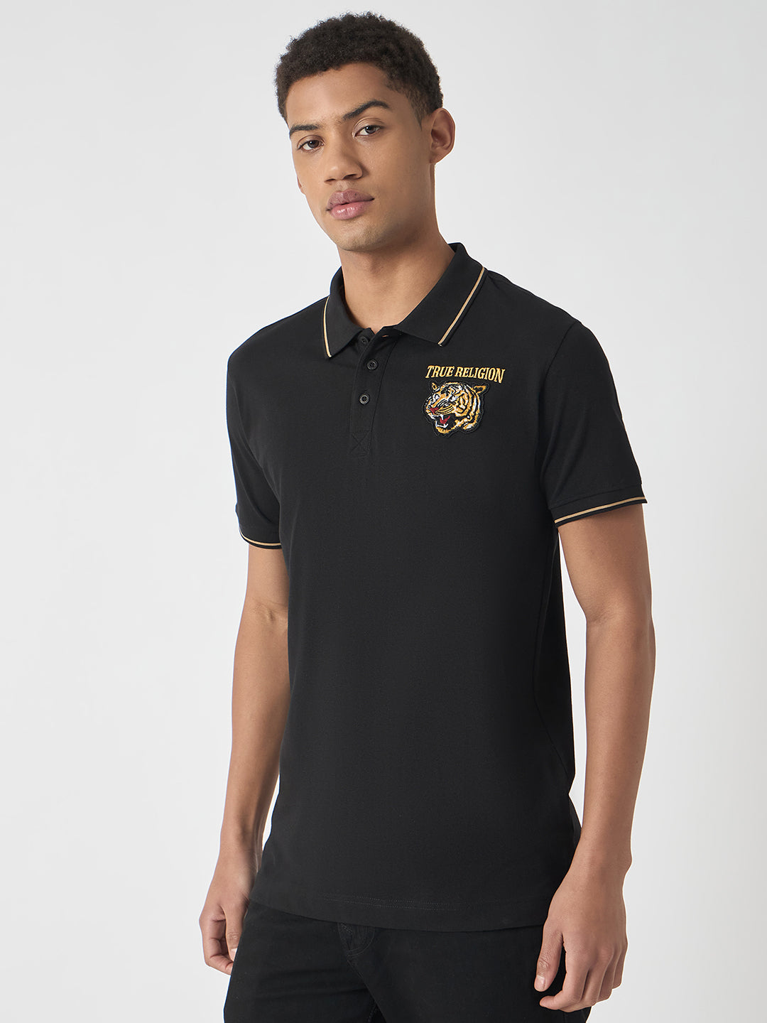 True Religion Men Black Solid Polo Collar Short Sleeves Polo T-Shirt