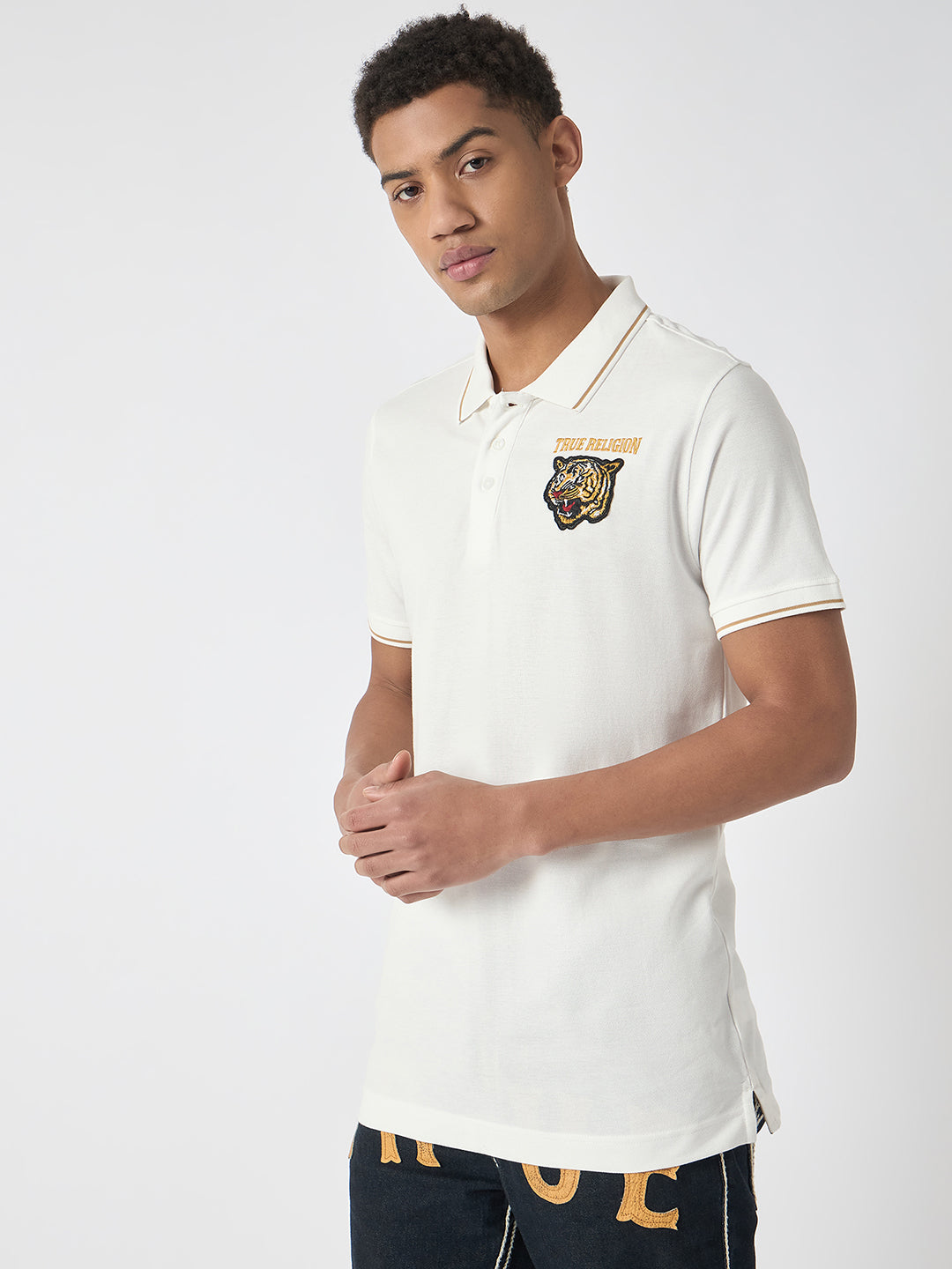 True Religion Men White Solid Polo Collar Short Sleeves Polo T-Shirt