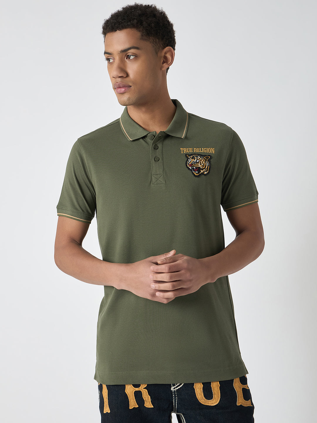 True Religion Men Green Solid Polo Collar Short Sleeves Polo T-Shirt