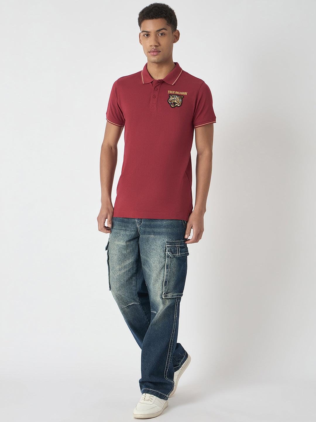 True Religion Men Red Solid Polo Collar Short Sleeves Polo T-Shirt