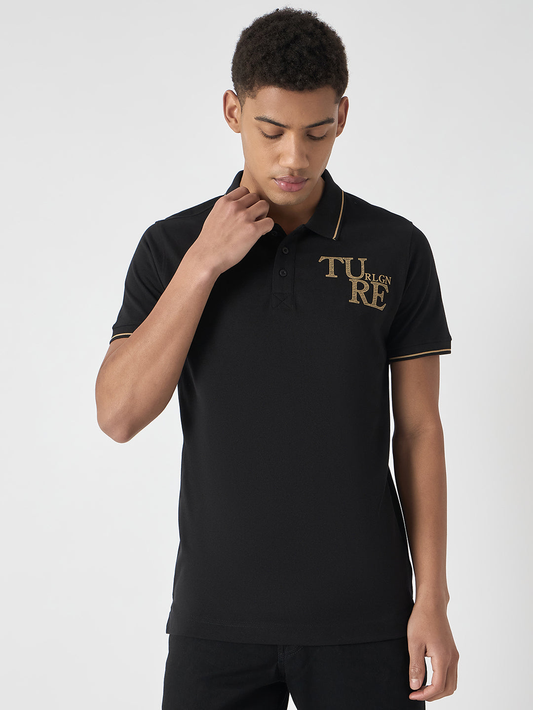 True Religion Men Black Solid Polo Collar Short Sleeves Polo T-Shirt