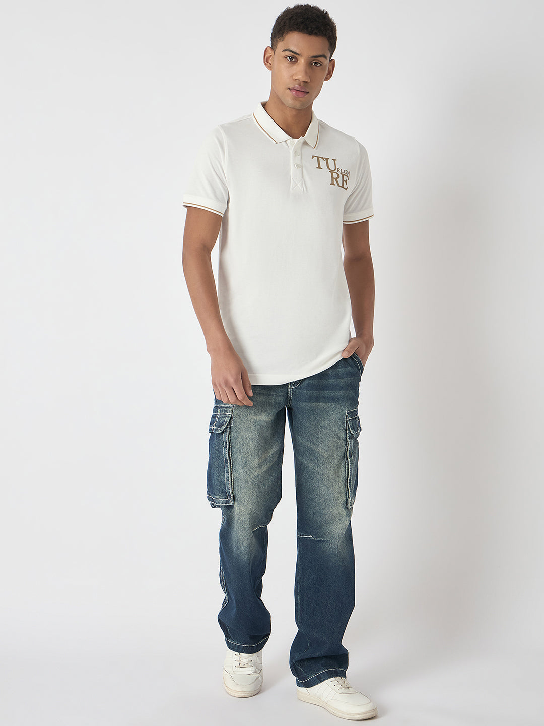 True Religion Men White Solid Polo Collar Short Sleeves Polo T-Shirt