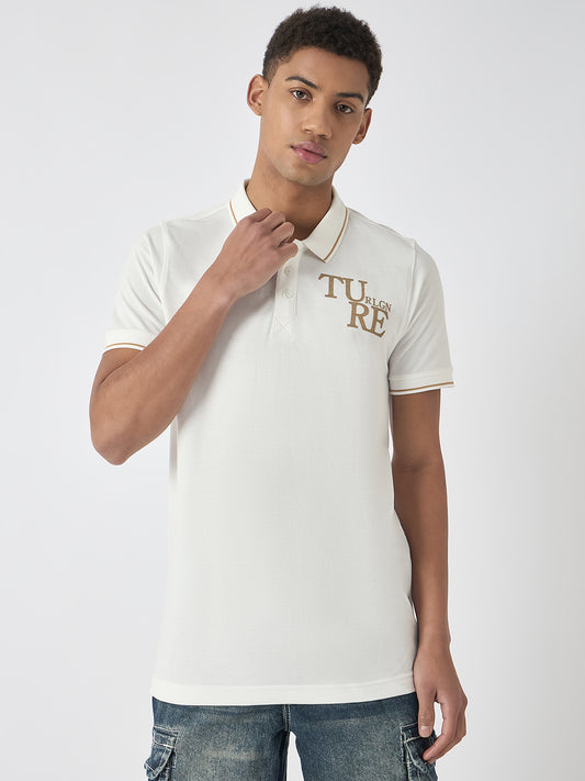 True Religion Men White Solid Polo Collar Short Sleeves Polo T-Shirt
