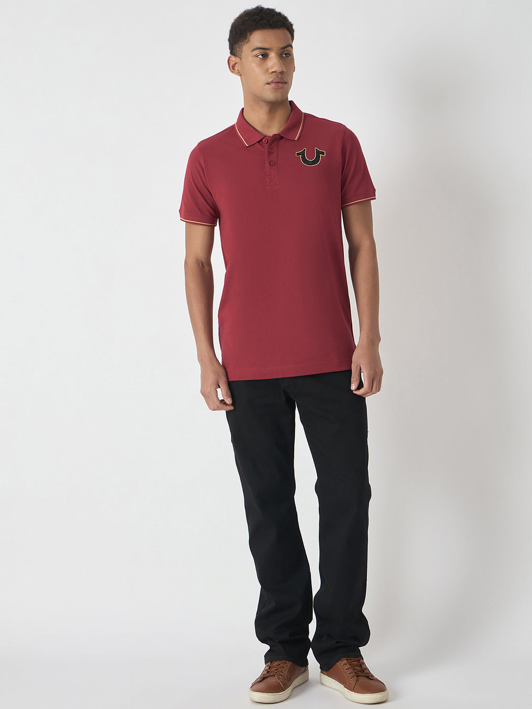 True Religion Men Red Solid Polo Collar Short Sleeves Polo T-Shirt
