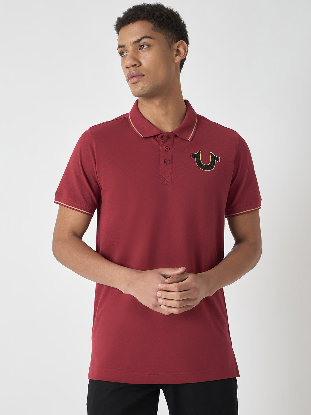 True Religion Men Red Solid Polo Collar Short Sleeves Polo T-Shirt