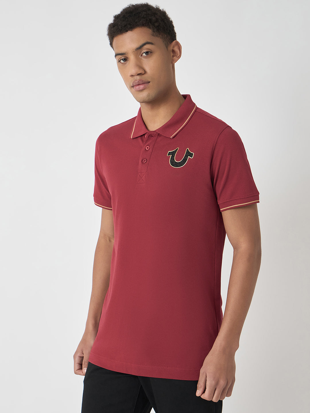 True Religion Men Red Solid Polo Collar Short Sleeves Polo T-Shirt