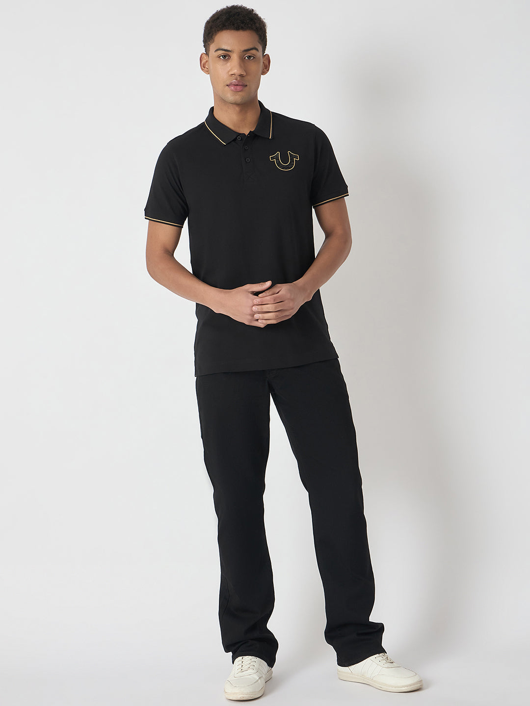True Religion Men Black Solid Polo Collar Short Sleeves Polo T-Shirt