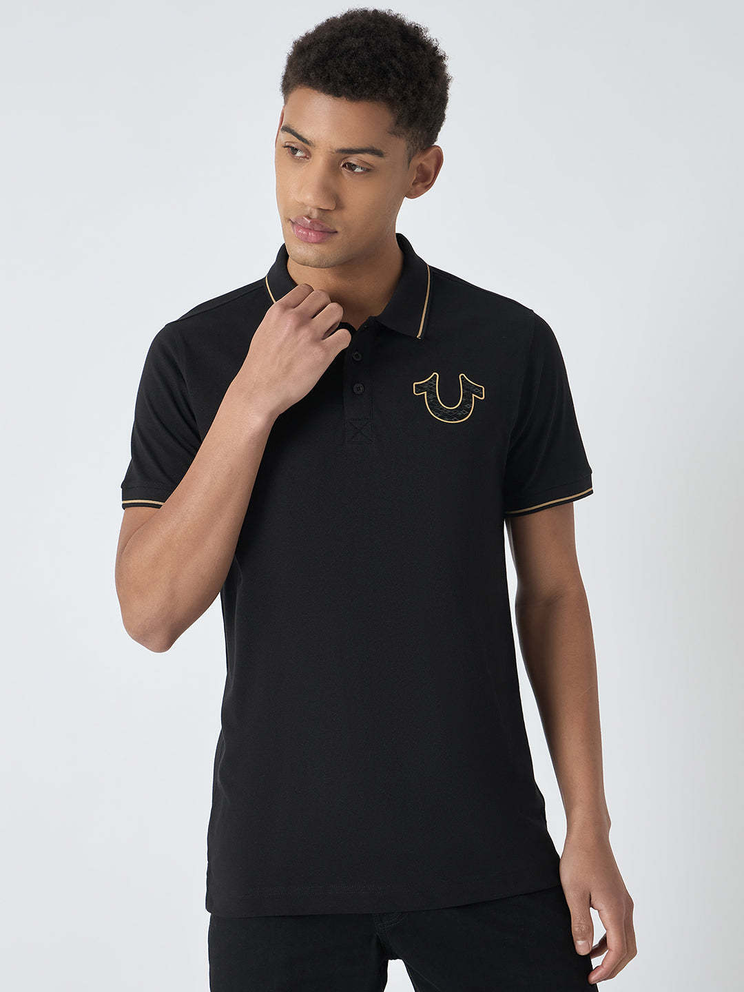 True Religion Men Black Solid Polo Collar Short Sleeves Polo T-Shirt