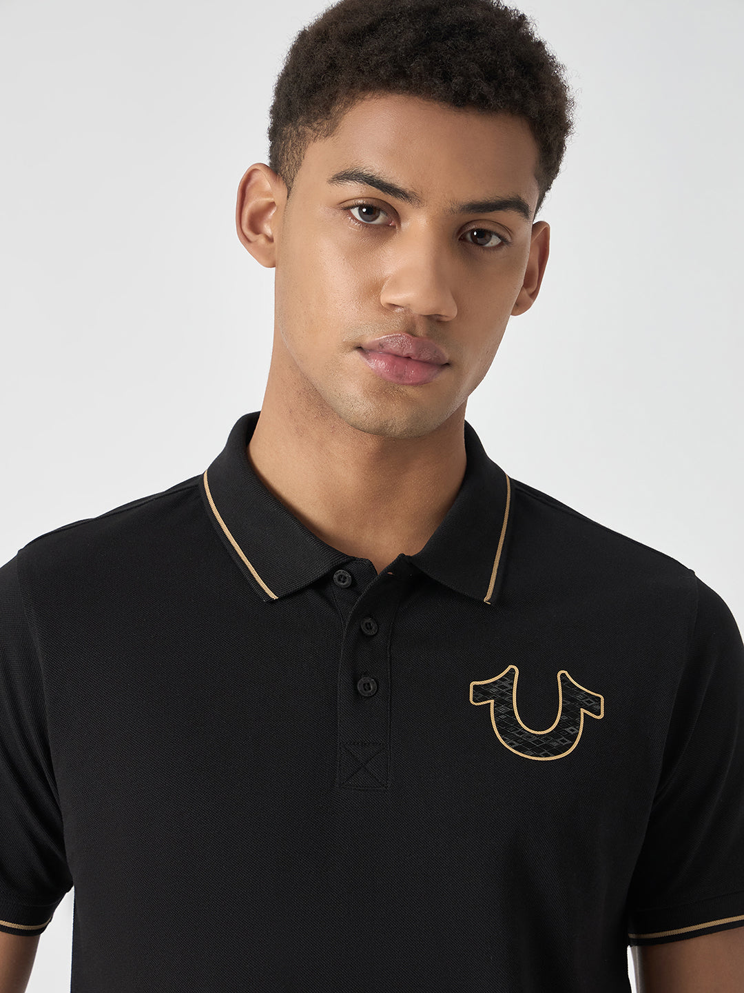 True Religion Men Black Solid Polo Collar Short Sleeves Polo T-Shirt