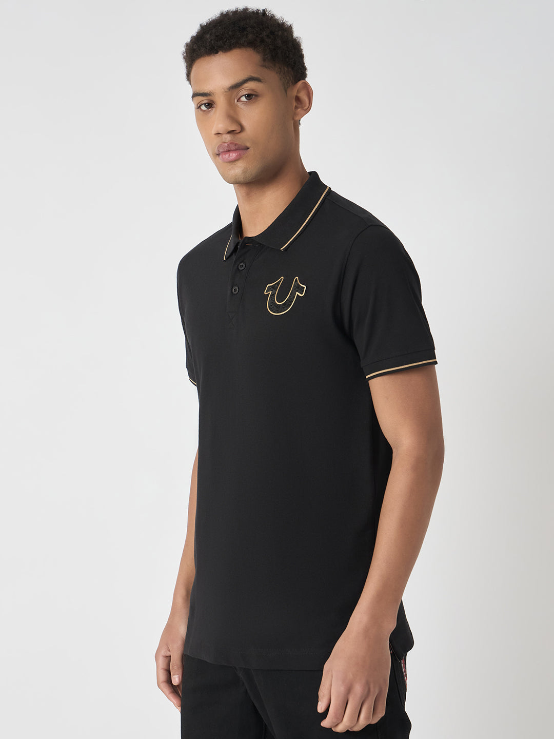 True Religion Men Black Solid Polo Collar Short Sleeves Polo T-Shirt