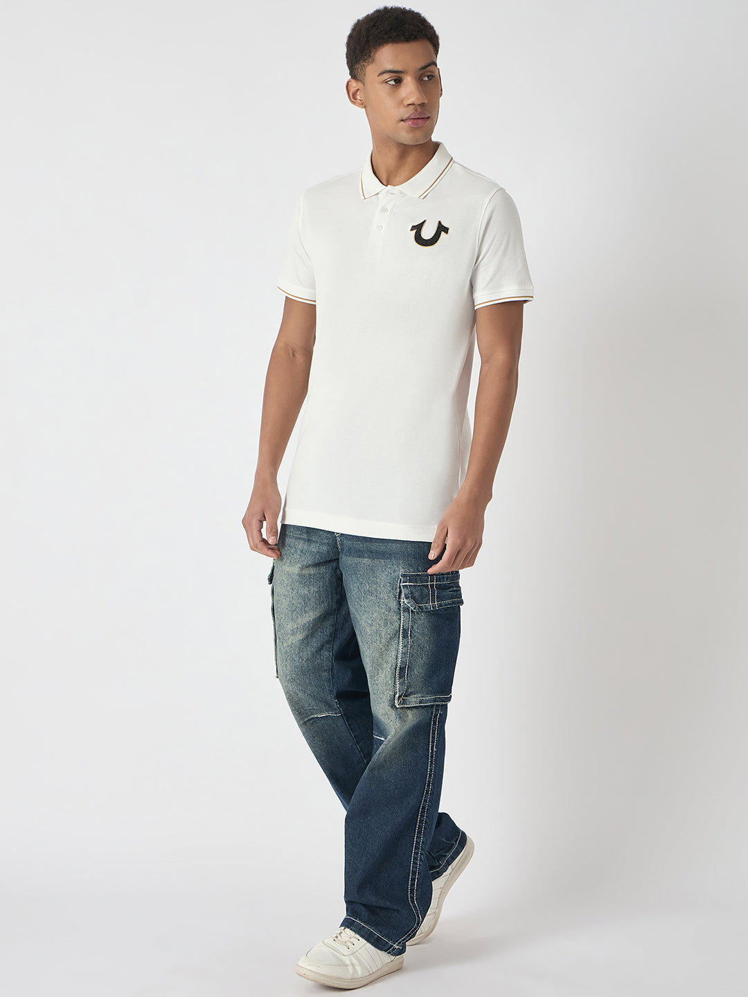 True Religion Men White Solid Polo Collar Short Sleeves Polo T-Shirt