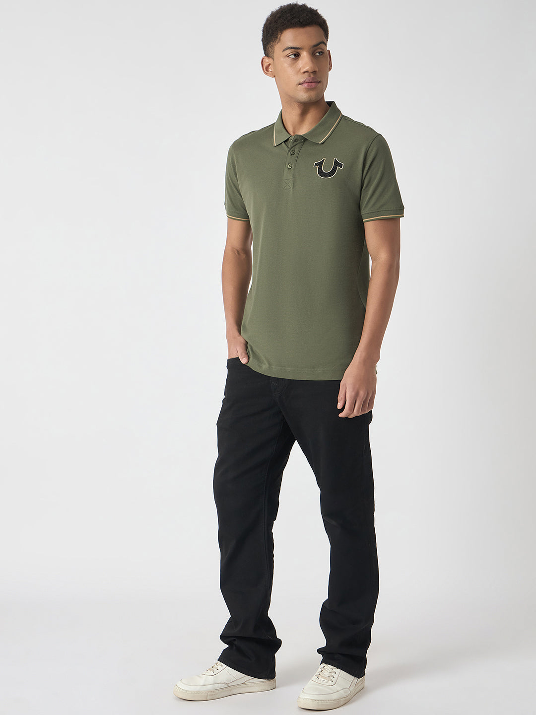 True Religion Men Green Solid Polo Collar Short Sleeves Polo T-Shirt