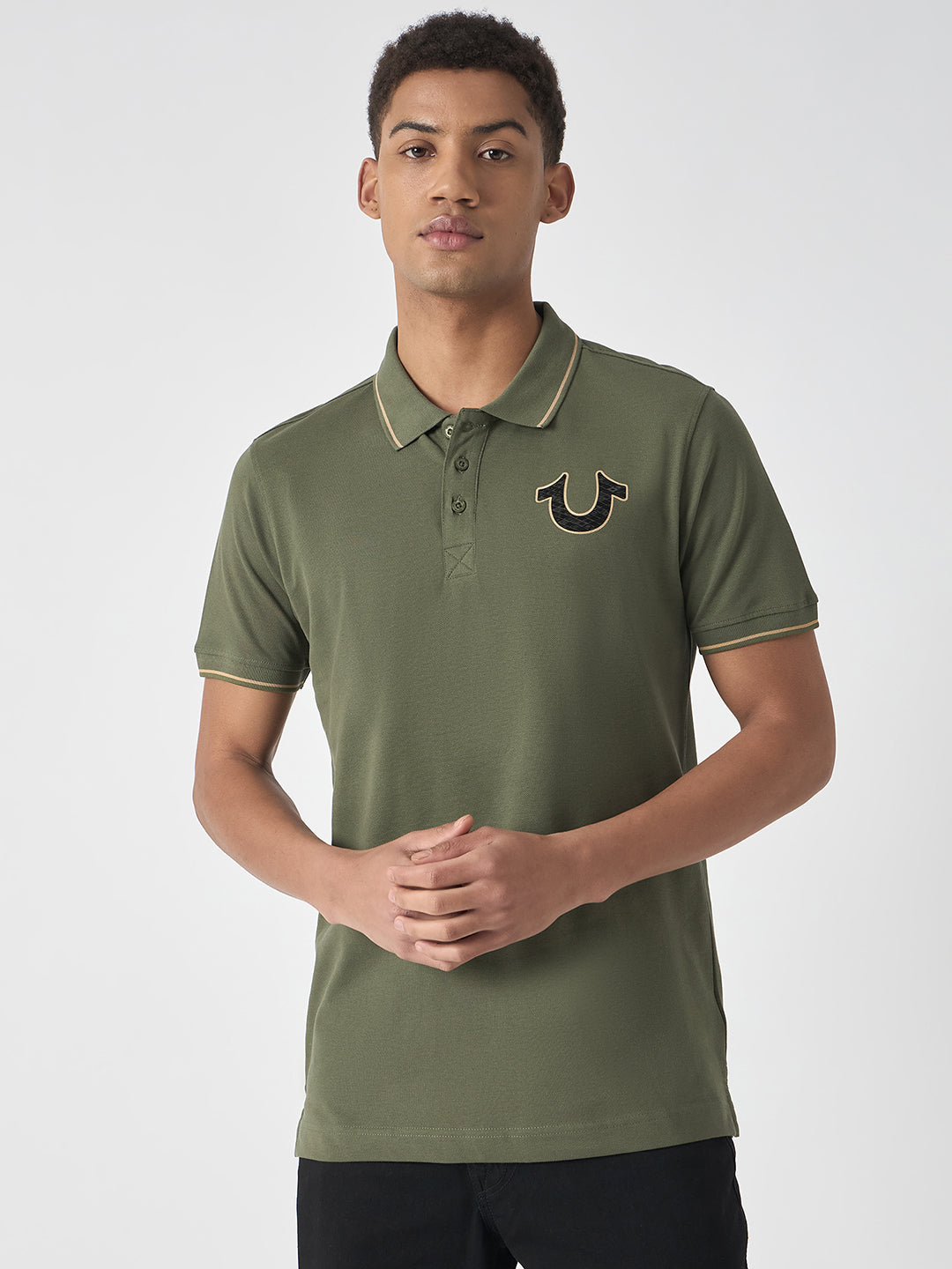 True Religion Men Green Solid Polo Collar Short Sleeves Polo T-Shirt