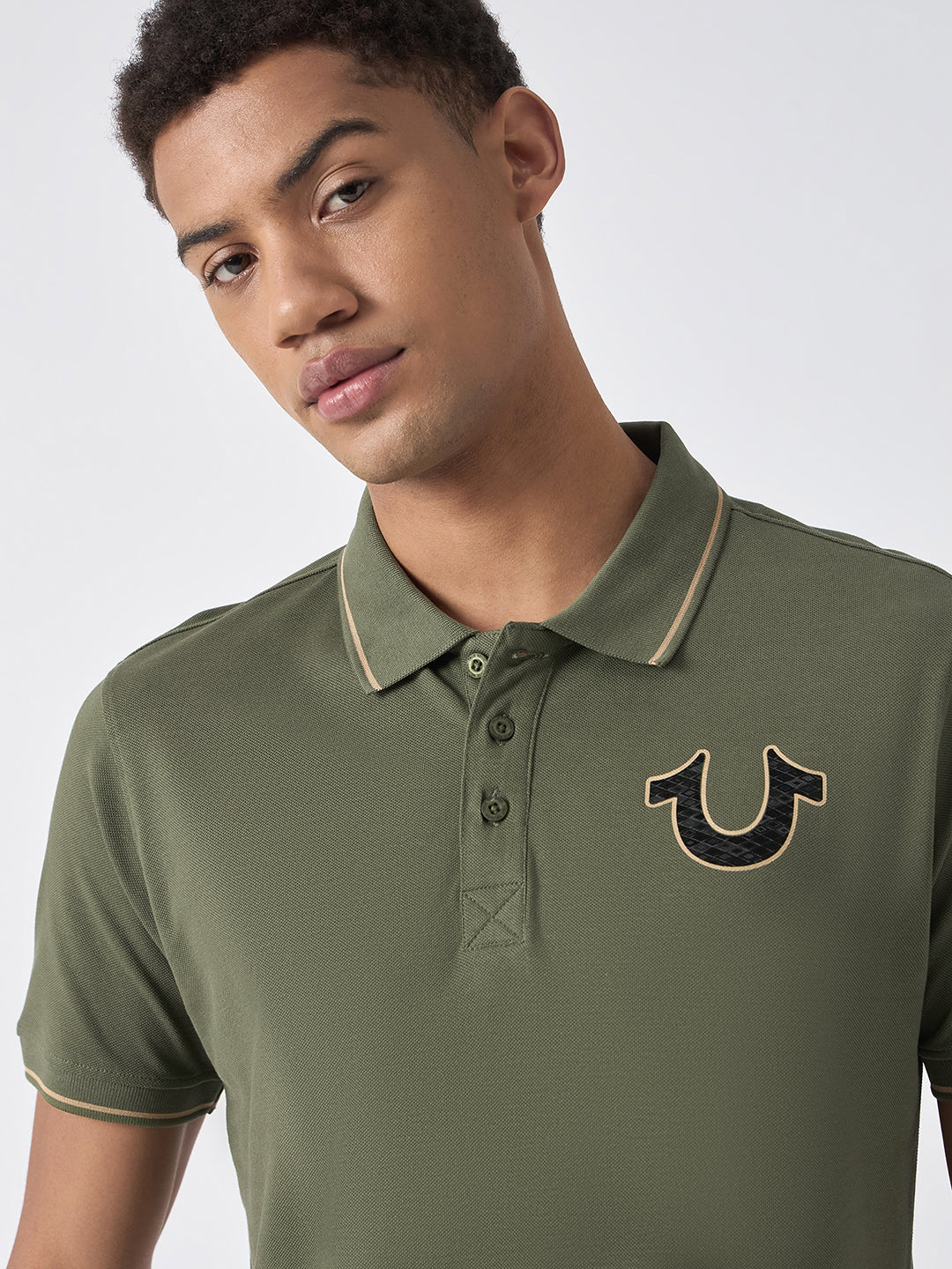 True Religion Men Green Solid Polo Collar Short Sleeves Polo T-Shirt