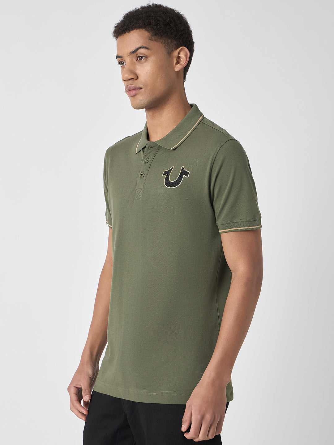 True Religion Men Green Solid Polo Collar Short Sleeves Polo T-Shirt