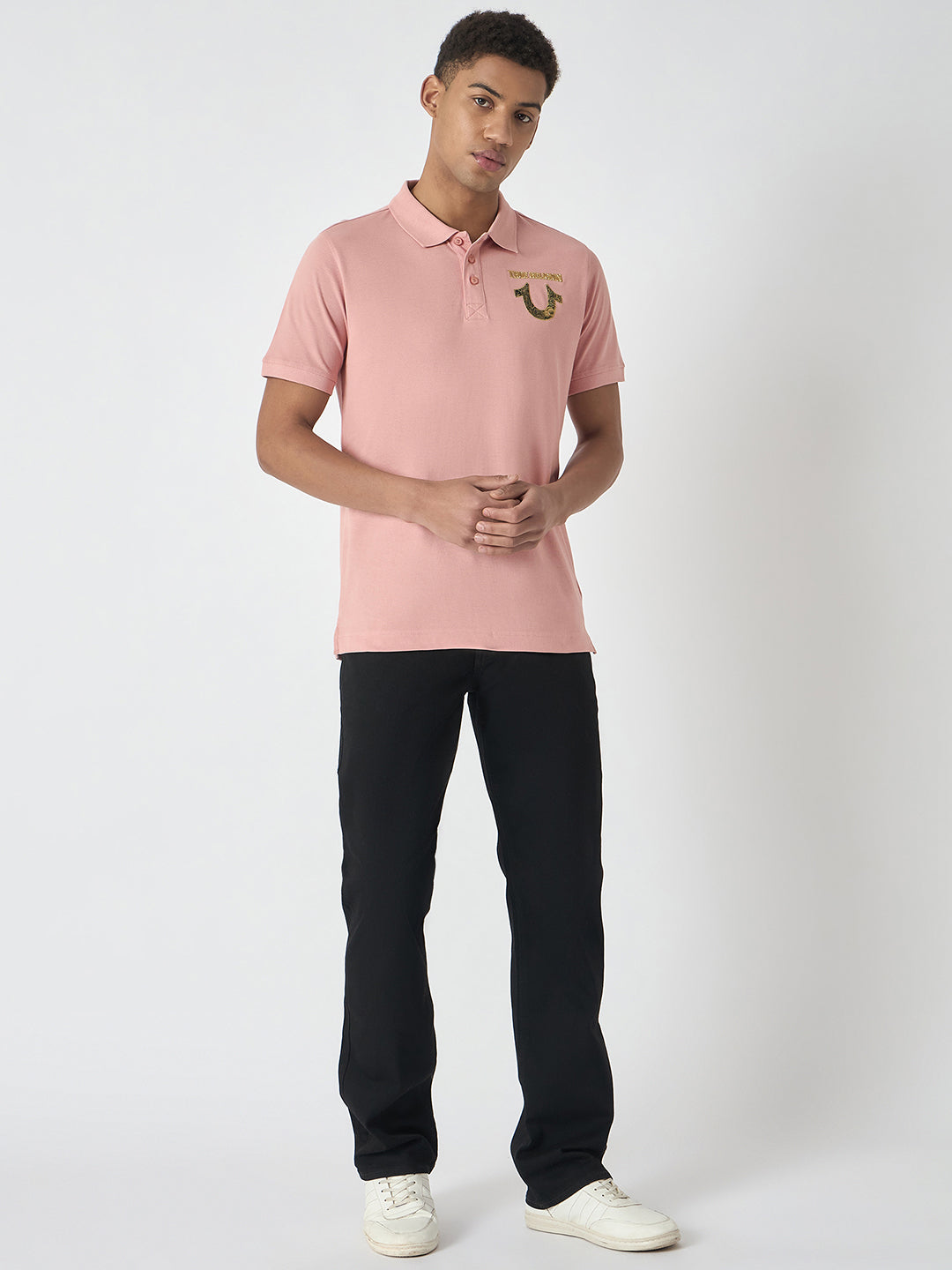 True Religion Men Pink Solid Polo Collar Short Sleeves Polo T-Shirt