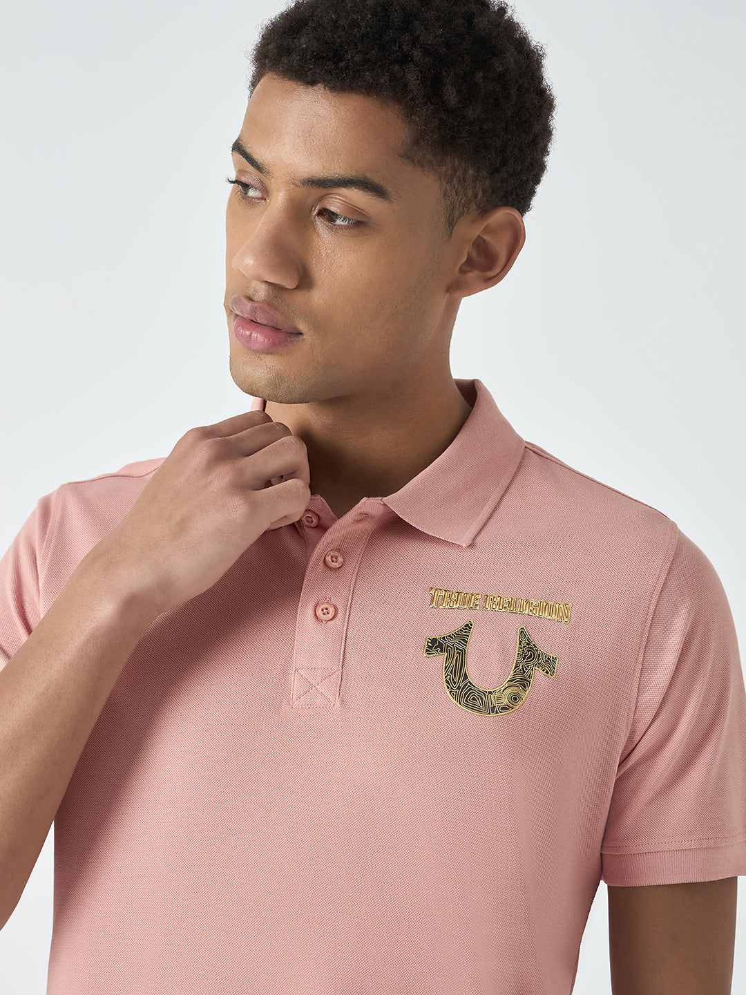 True Religion Men Pink Solid Polo Collar Short Sleeves Polo T-Shirt