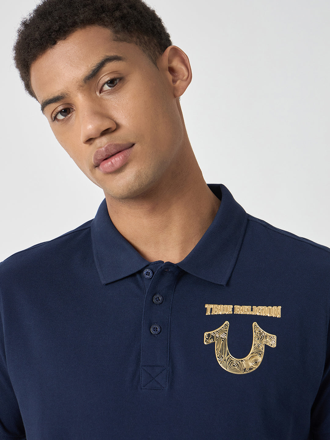 True Religion Men Blue Solid Polo Collar Short Sleeves Polo T-Shirt