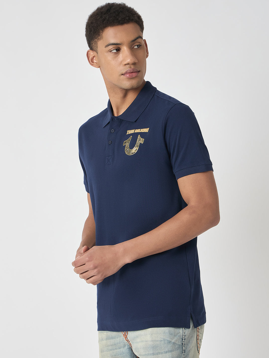 True Religion Men Blue Solid Polo Collar Short Sleeves Polo T-Shirt