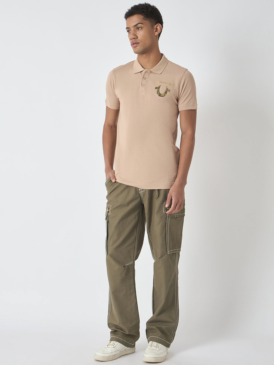 True Religion Men Beige Solid Polo Collar Short Sleeves Polo T-Shirt