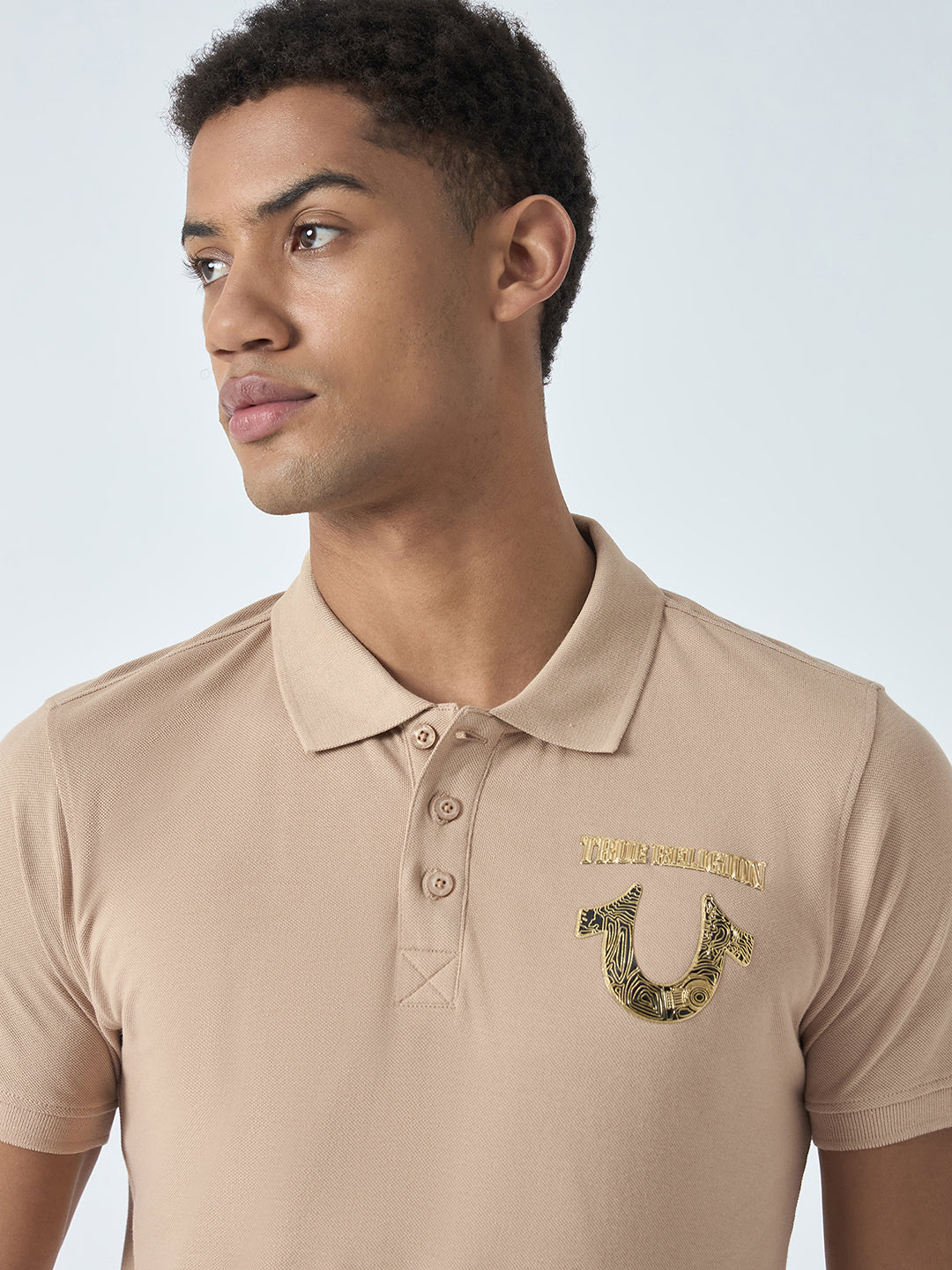 True Religion Men Beige Solid Polo Collar Short Sleeves Polo T-Shirt