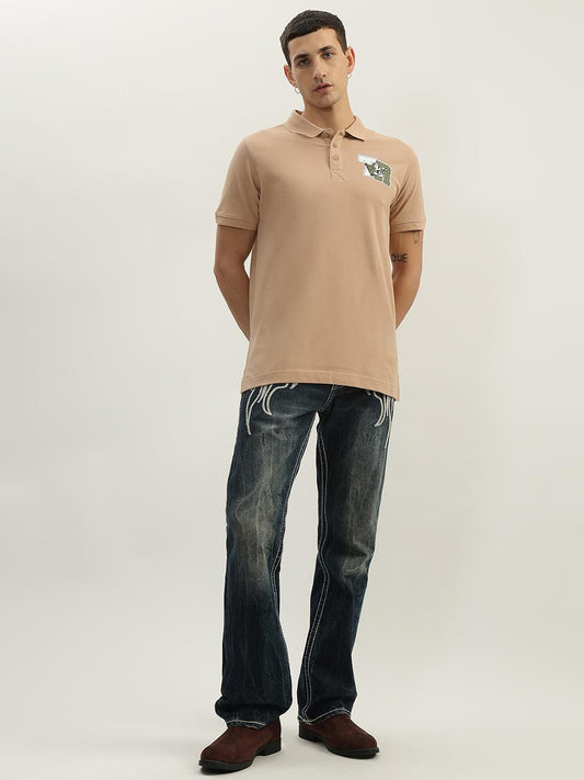 True Religion Men Beige Solid Polo Collar Short Sleeves Polo T-Shirt