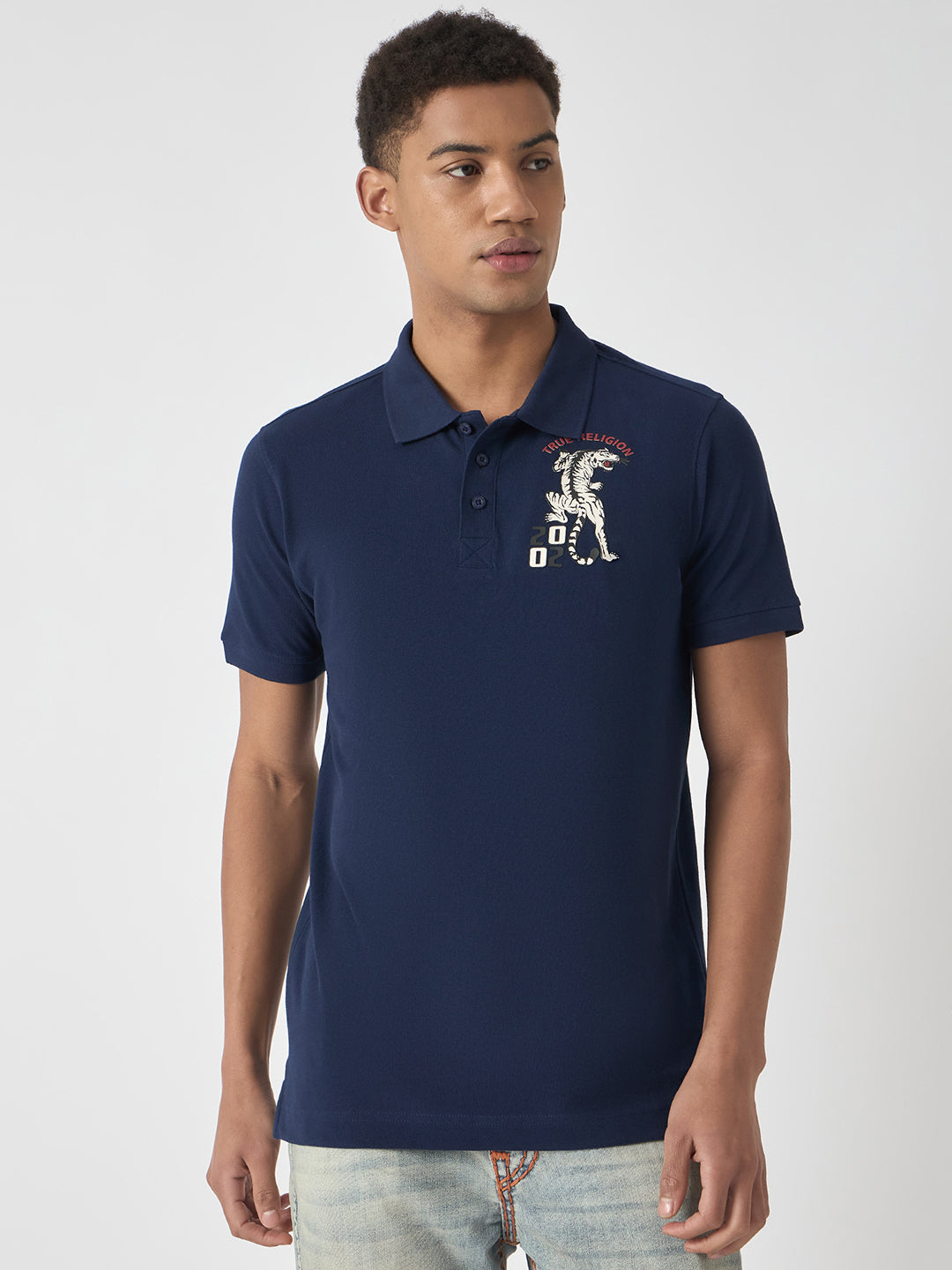 True Religion Men Navy Blue Solid Polo Collar Short Sleeves Polo T-Shirt