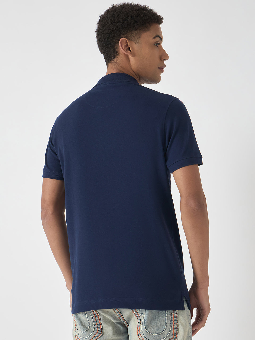 True Religion Men Navy Blue Solid Polo Collar Short Sleeves Polo T-Shirt