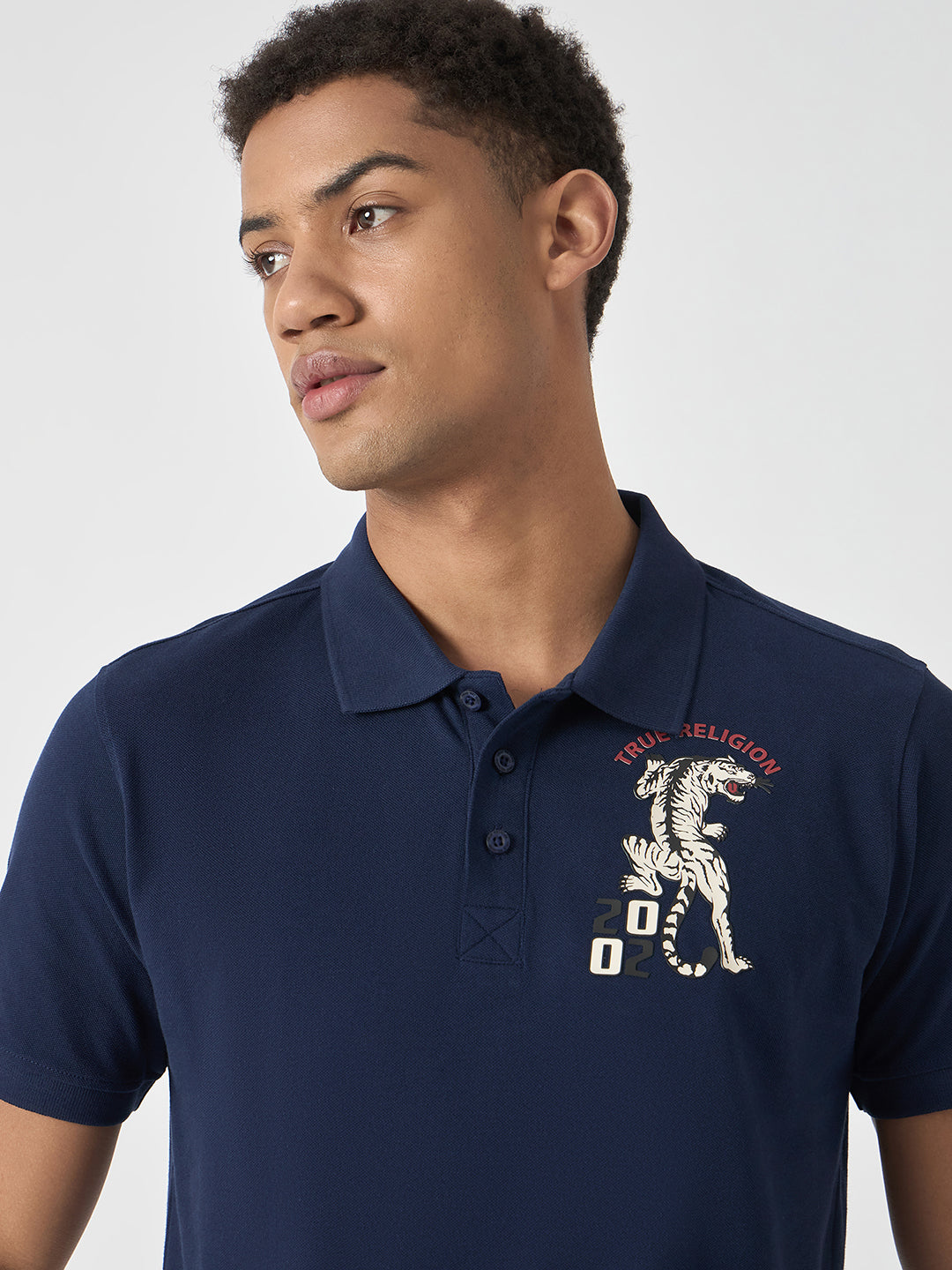 True Religion Men Navy Blue Solid Polo Collar Short Sleeves Polo T-Shirt