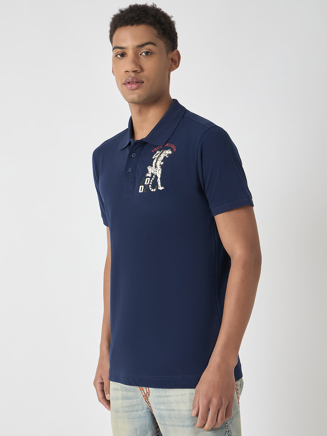 True Religion Men Navy Blue Solid Polo Collar Short Sleeves Polo T-Shirt