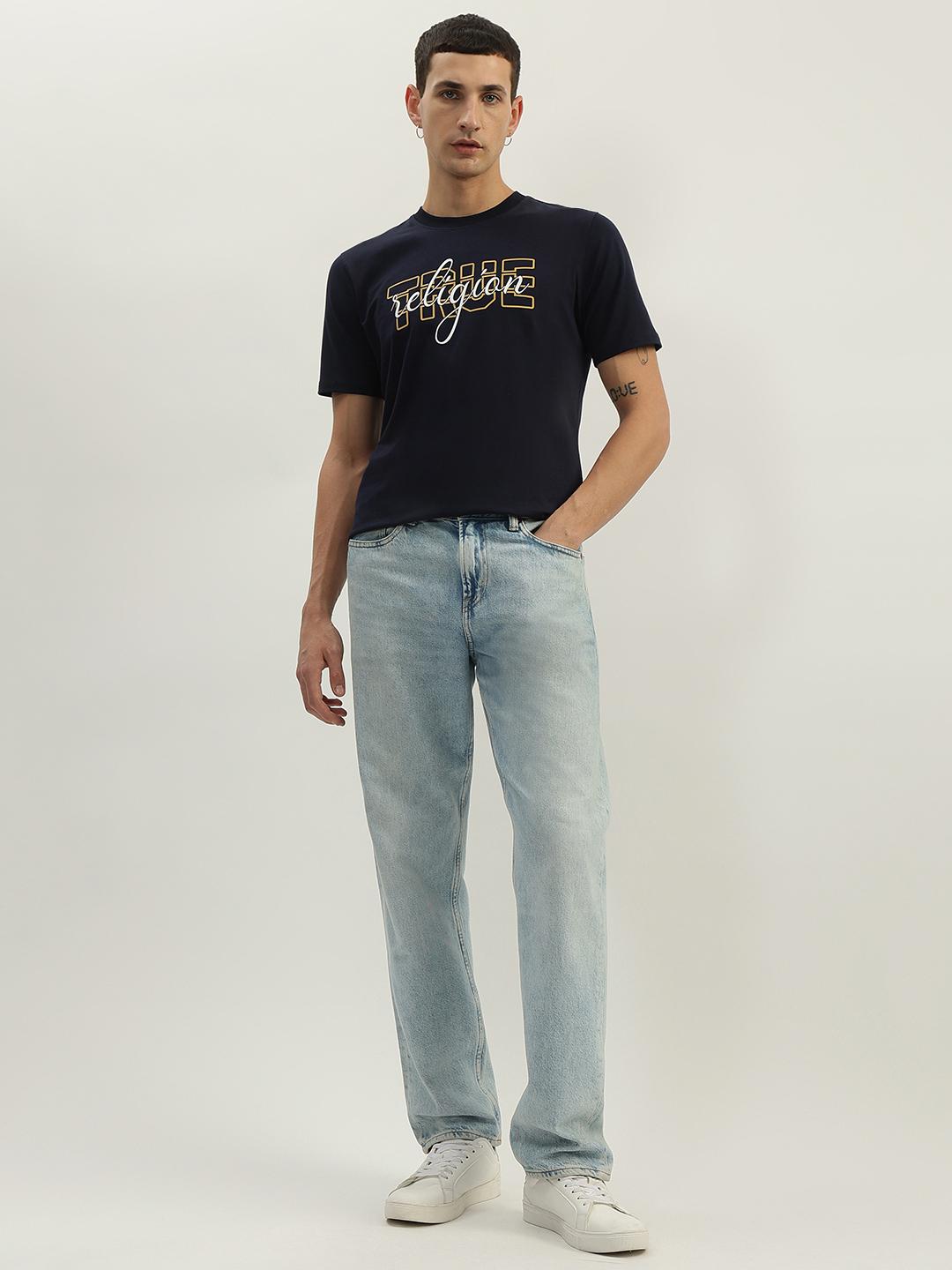 True Religion Men Navy Blue Printed Round Neck Short Sleeves T-Shirt