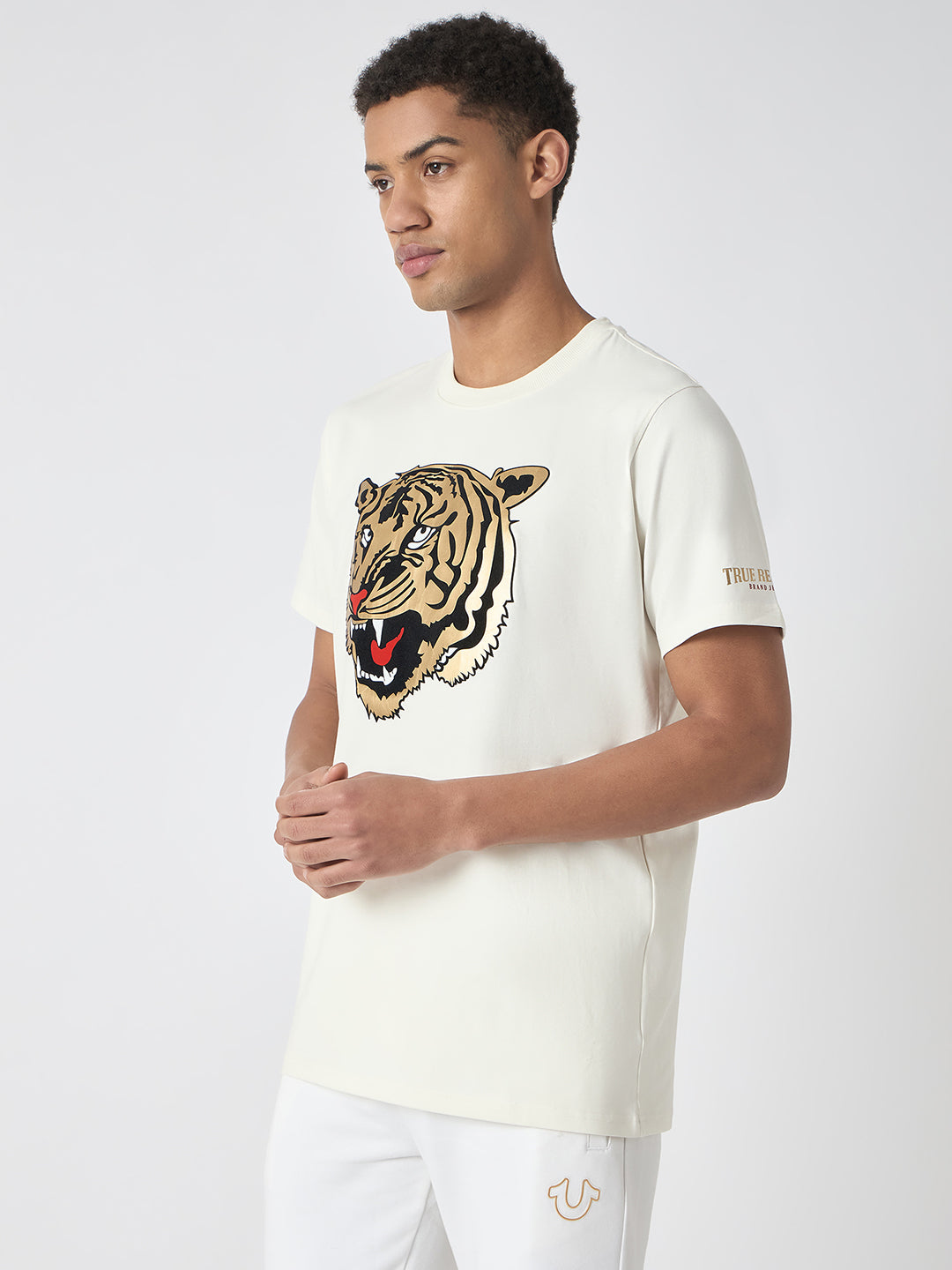 True Religion Men White Printed Round Neck Short Sleeves T-Shirt