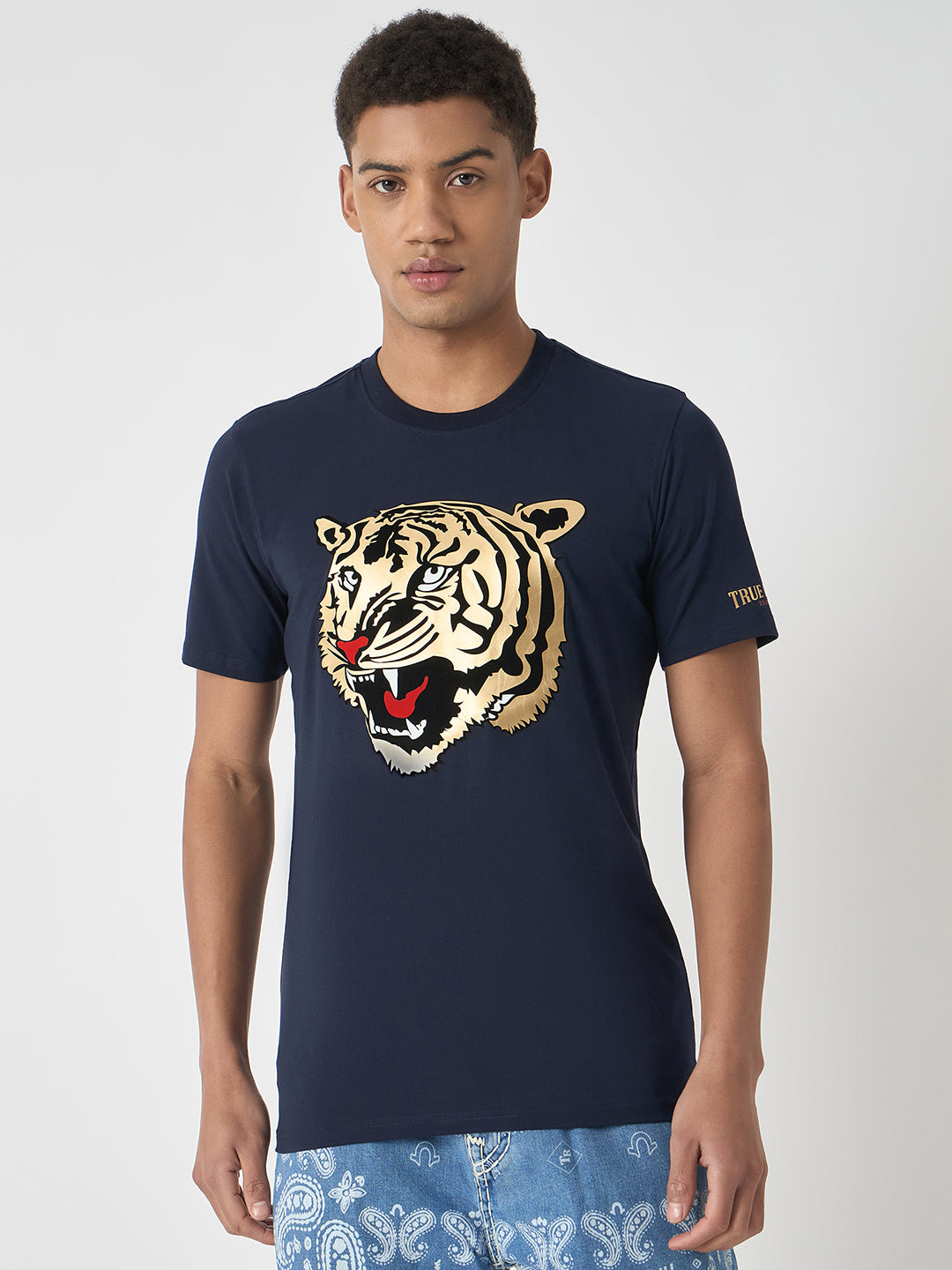 True Religion Men Navy Blue Printed Round Neck Short Sleeves T-Shirt