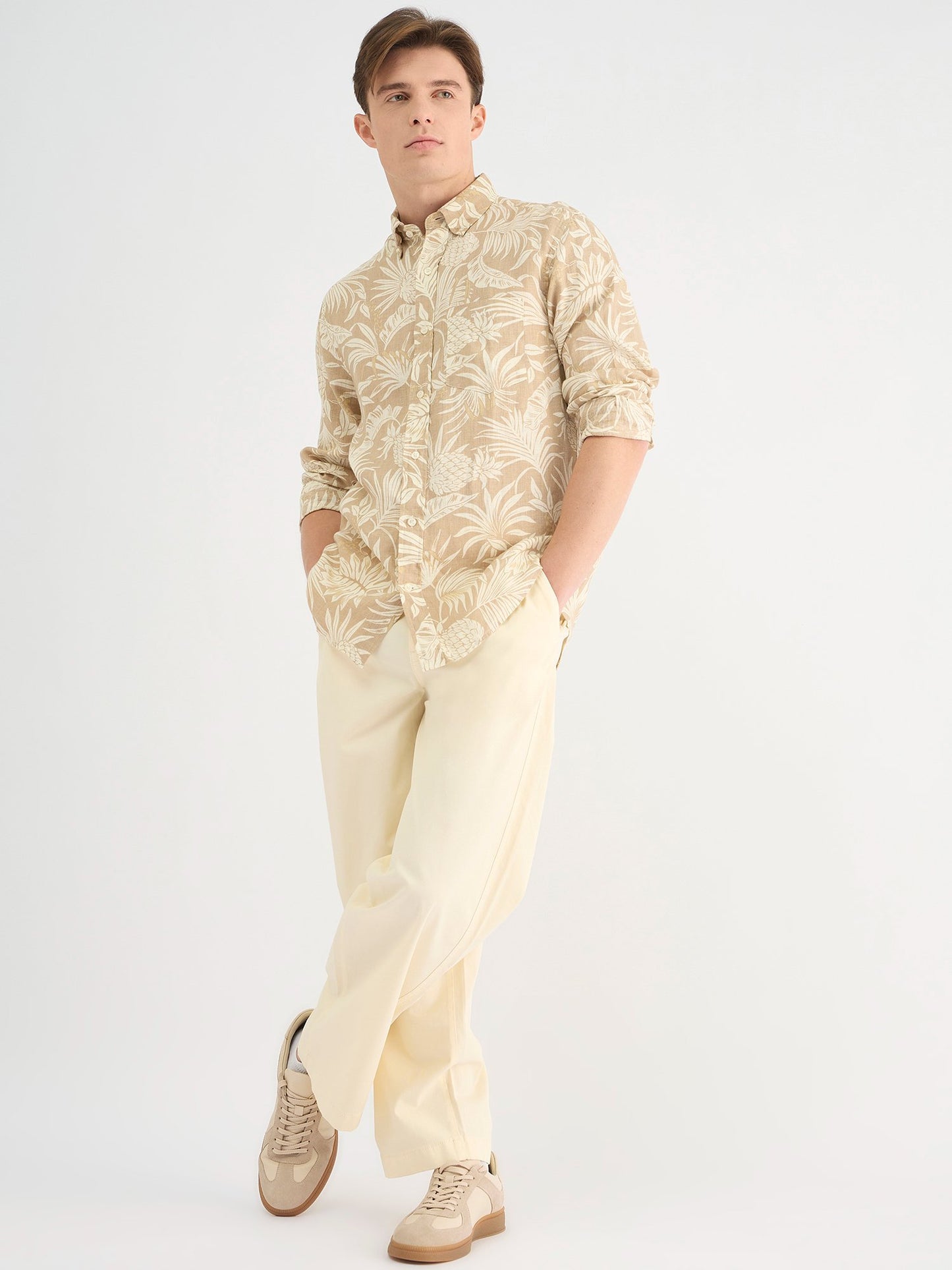 Gant Men Beige Regular Fit Checked Linen Shirt