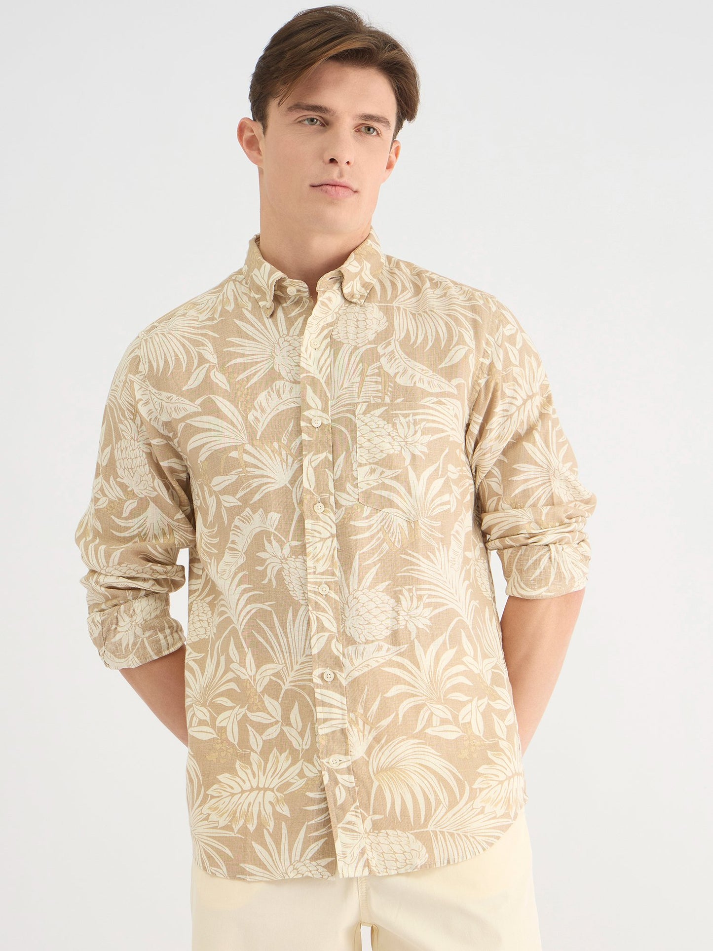 Gant Men Beige Regular Fit Checked Linen Shirt