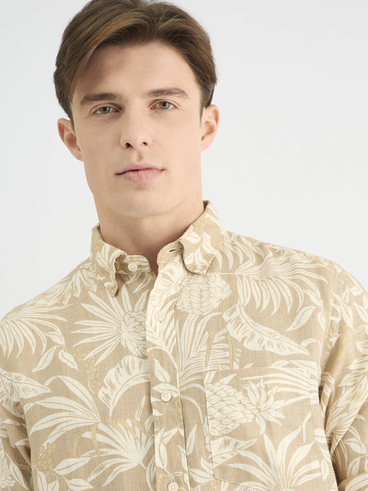 Gant Men Beige Regular Fit Checked Linen Shirt