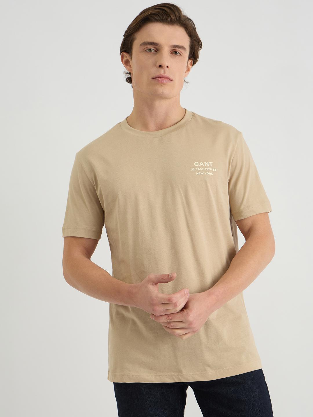 Gant Men Beige Regular Fit Solid Crew Neck Tshirt