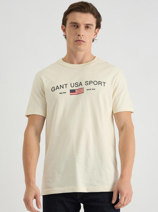 Gant Men Cream Regular Fit Solid Crew Neck Tshirt