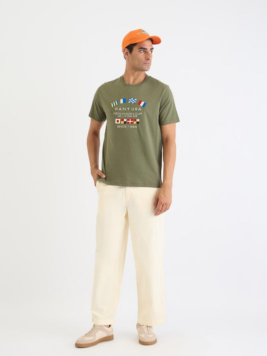 Gant Men Green Solid Crew Neck Tshirt