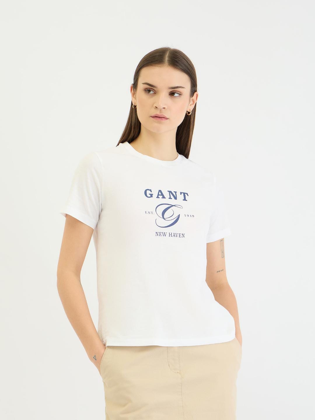 Gant Women White Graphic Crew Neck Tshirt