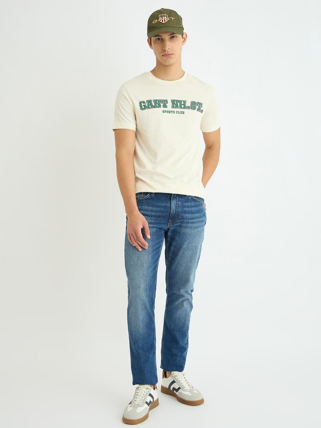 Gant Men Cream Solid Crew Neck Tshirt