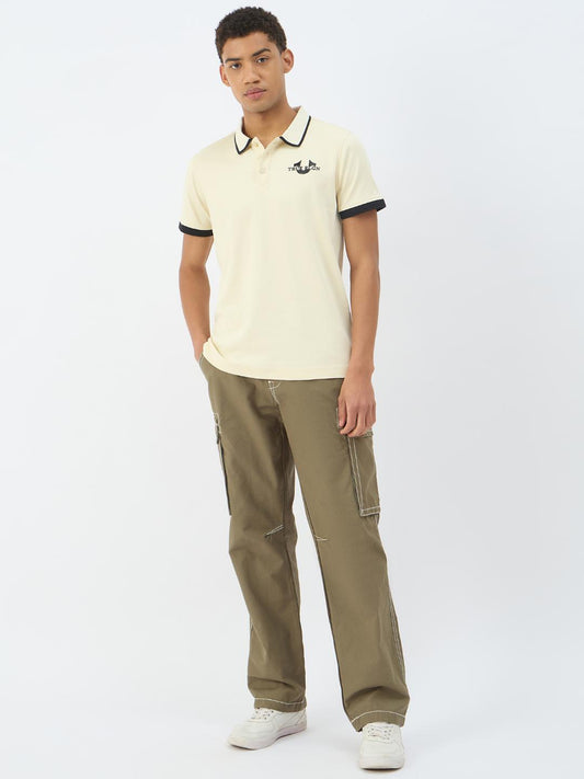 True Religion Men Beige Solid Polo Tshirt