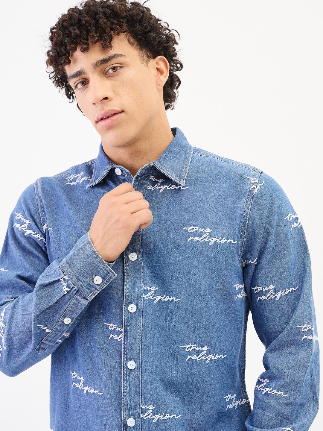 True Religion Men Blue Solid Collar Shirt