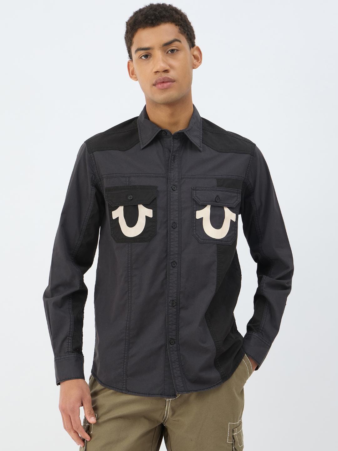 True Religion Men Black Solid Collar Shirt